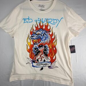 Y2K Ed Hardy Mens Tiger Flame Eyeball Graphic T-Shirt Rhinestone Cream Large NEW